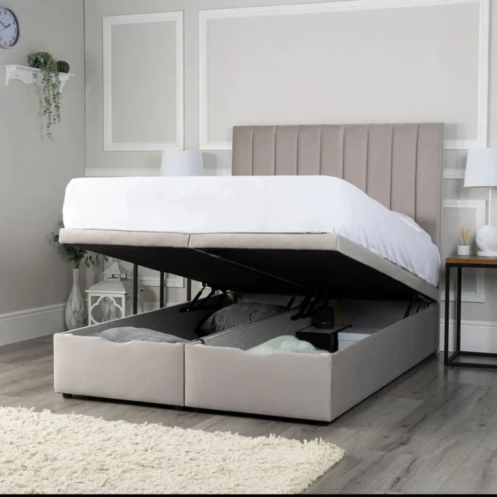Aurora panel divan ottoman bed in grey with lift-up storage base and vertical panel upholstered headboard