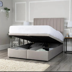 Aurora panel divan ottoman bed in grey with lift-up storage base and vertical panel upholstered headboard