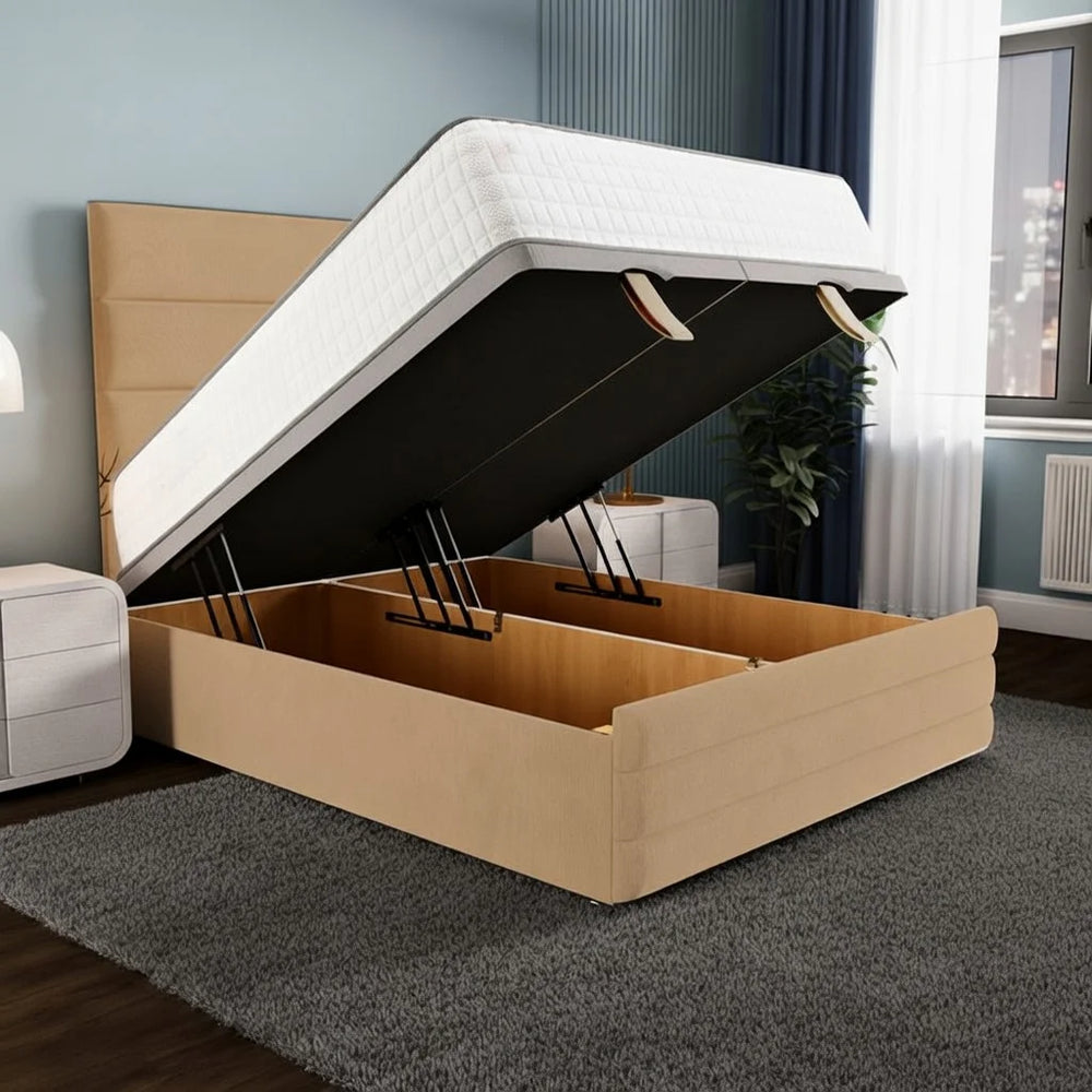 Claridge velvet storage bed with mattress lifted