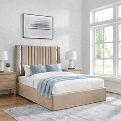 Gabriella plush velvet ottoman bed frame in beige with vertical panel headboard and lift-up storage base