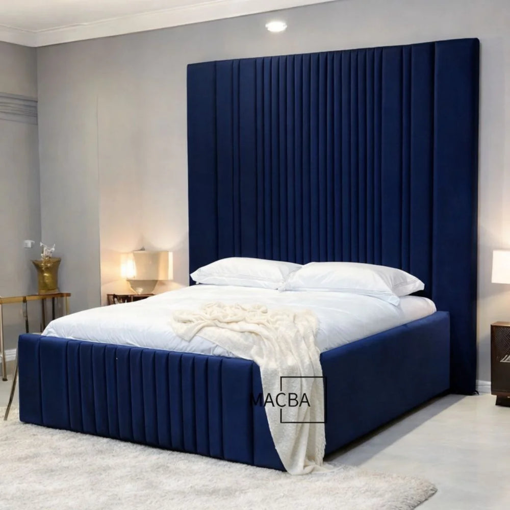 Liza Luxe multi panel upholstered bed in navy blue with tall vertical panel headboard and modern velvet frame