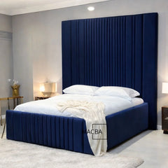 Liza Luxe multi panel upholstered bed in navy blue with tall vertical panel headboard and modern velvet frame