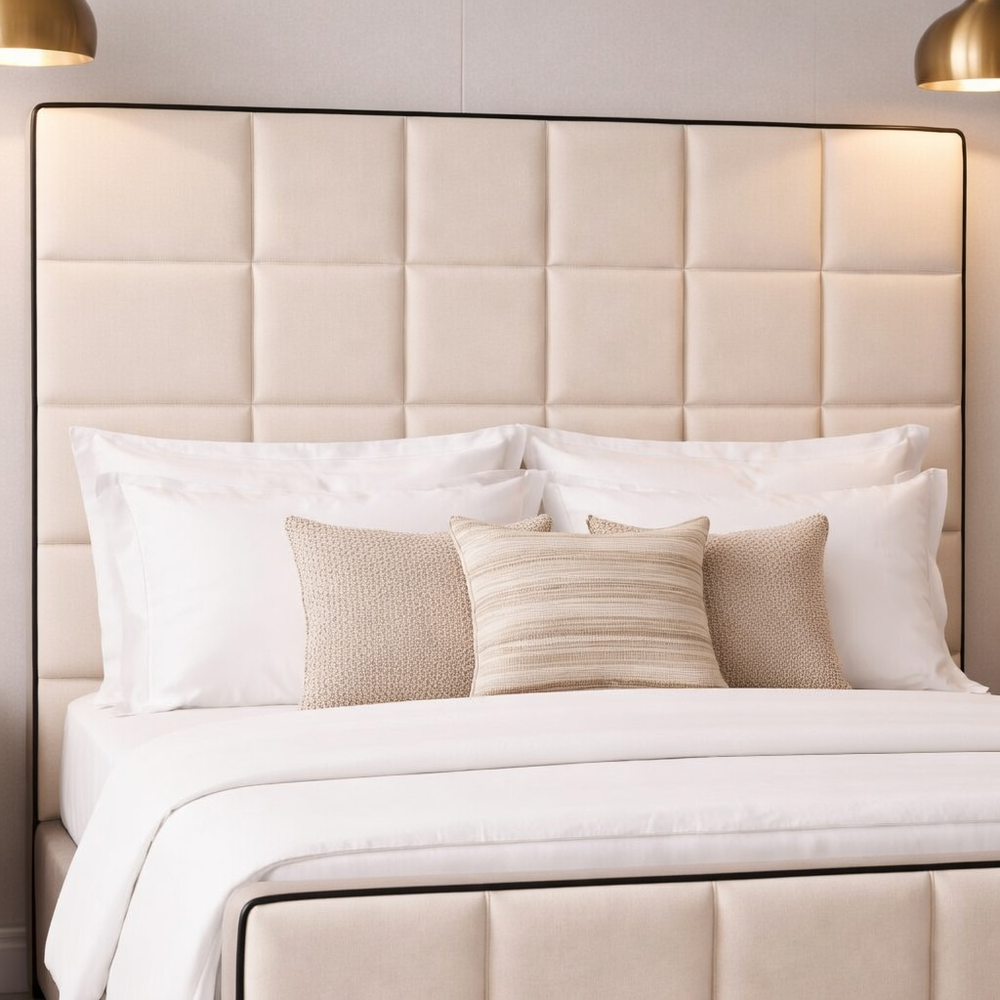 Cubed Upholstered Bed Frame with Black Piping Contrast - Macbabeds