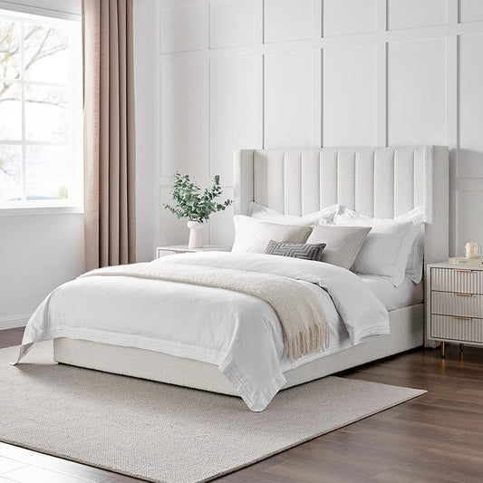 Luxury Bouclé Upholstered Platform Bed with Gas Lift Storage
