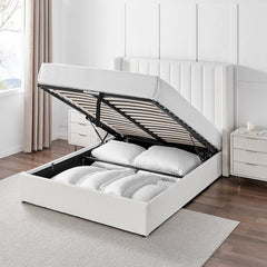 Luxury Bouclé Upholstered Platform Bed with Gas Lift Storage