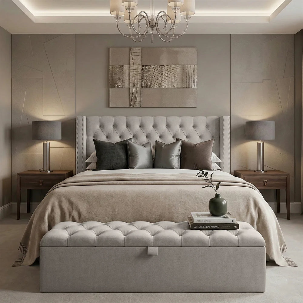 Modern bedroom with a large bed, tufted bench, and decorative wall art.