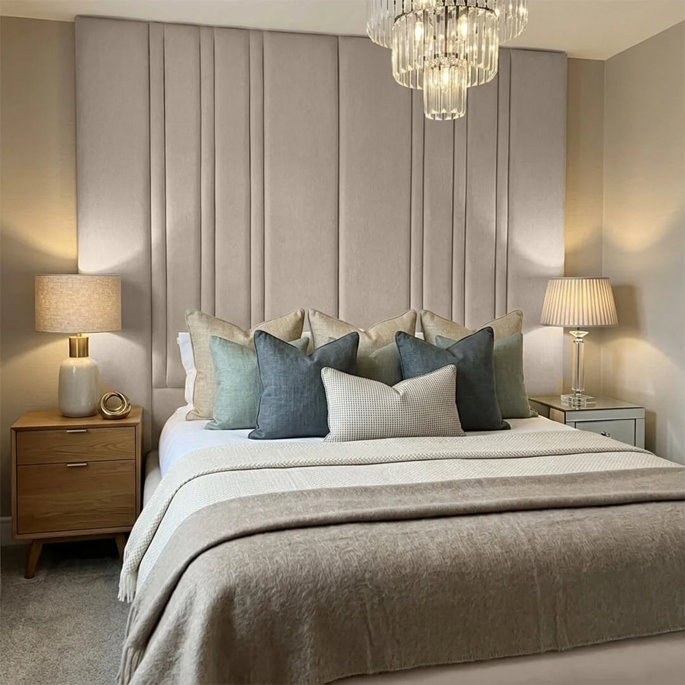 Mirage bed frame in cream with tall vertical panel headboard and modern bedroom design