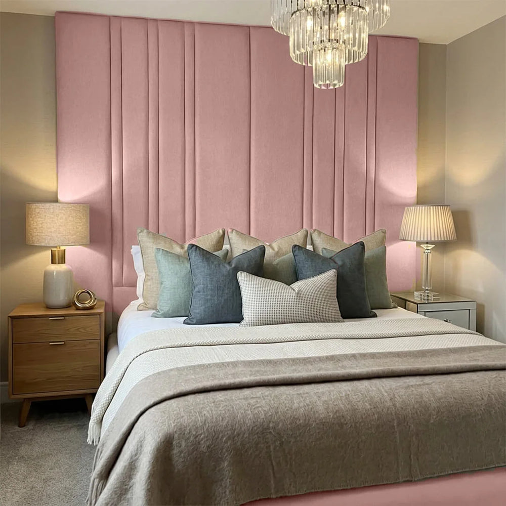 Mirage bed frame in dusty pink with tall vertical panel upholstered headboard