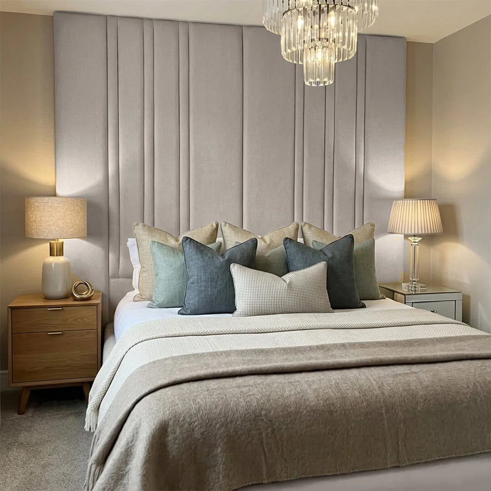 Mirage bed frame in grey with tall vertical panel luxury upholstered headboard
