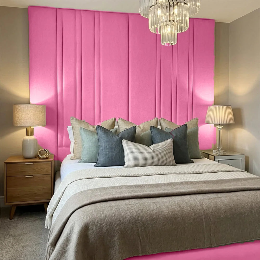 Mirage bed frame in pink with tall vertical panel upholstered headboard