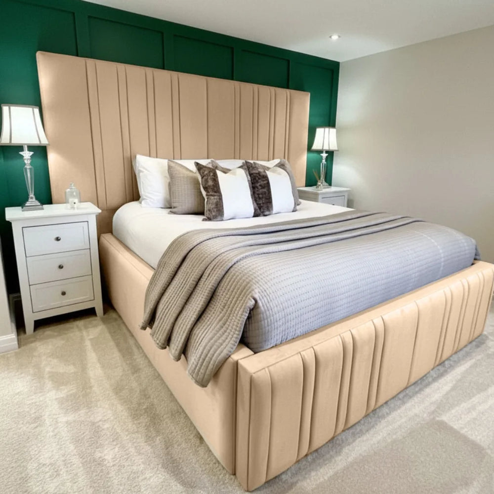 Mirage Luxe bed from Macba Collection in beige with luxury vertical panel headboard