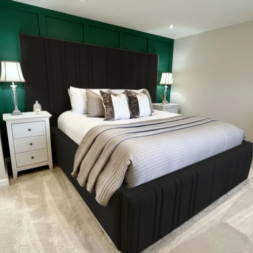 Mirage Luxe bed from Macba Collection in black with tall vertical panel upholstered headboard