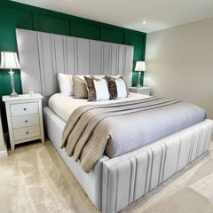 Mirage Luxe bed from Macba Collection in grey with modern vertical panel upholstered headboard