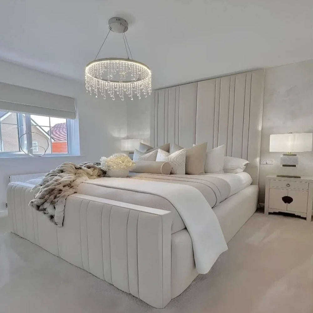 Mirage Luxe bed from Macba Collection in cream with tall vertical upholstered headboard in modern luxury bedroom