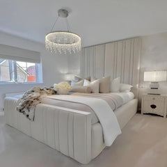 Mirage Luxe bed from Macba Collection in cream with tall vertical upholstered headboard in modern luxury bedroom
