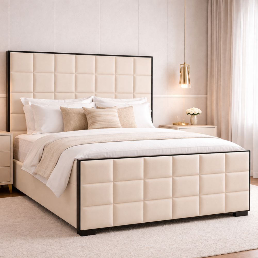 Cubed Upholstered Bed Frame with Black Piping Contrast - Macbabeds