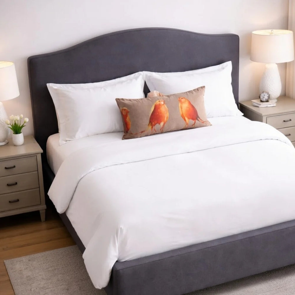 Close-up detail of the curved headboard on Modern Curved Headboard Upholstered Bed Frame with decorative pillow