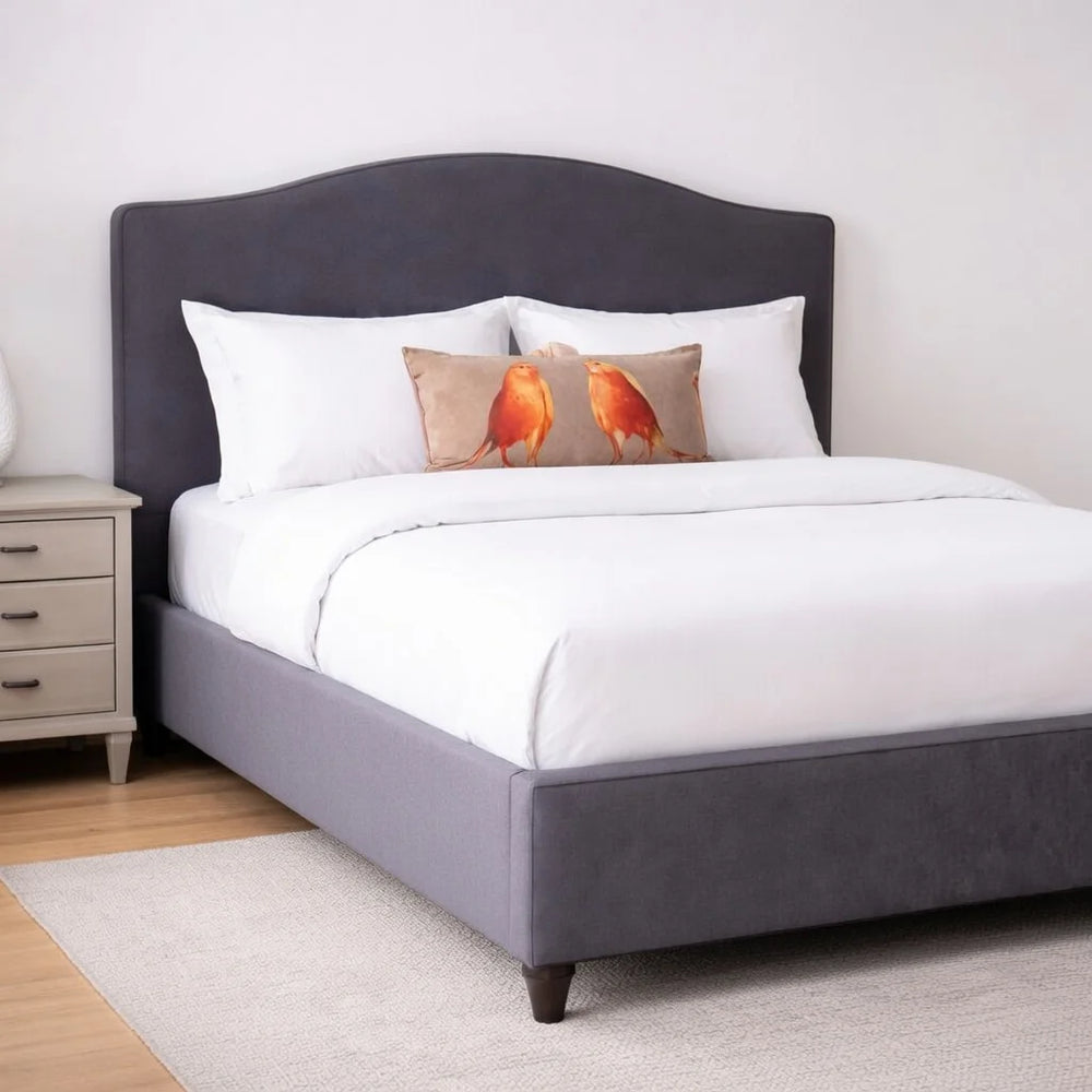 Straight front view of Modern Curved Headboard Upholstered Bed Frame in grey fabric with crisp white bedding
