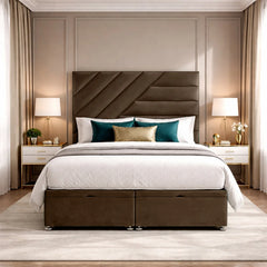 Phoenix luxury plush storage bed in chocolate brown with diagonal panel headboard and divan drawer storage base