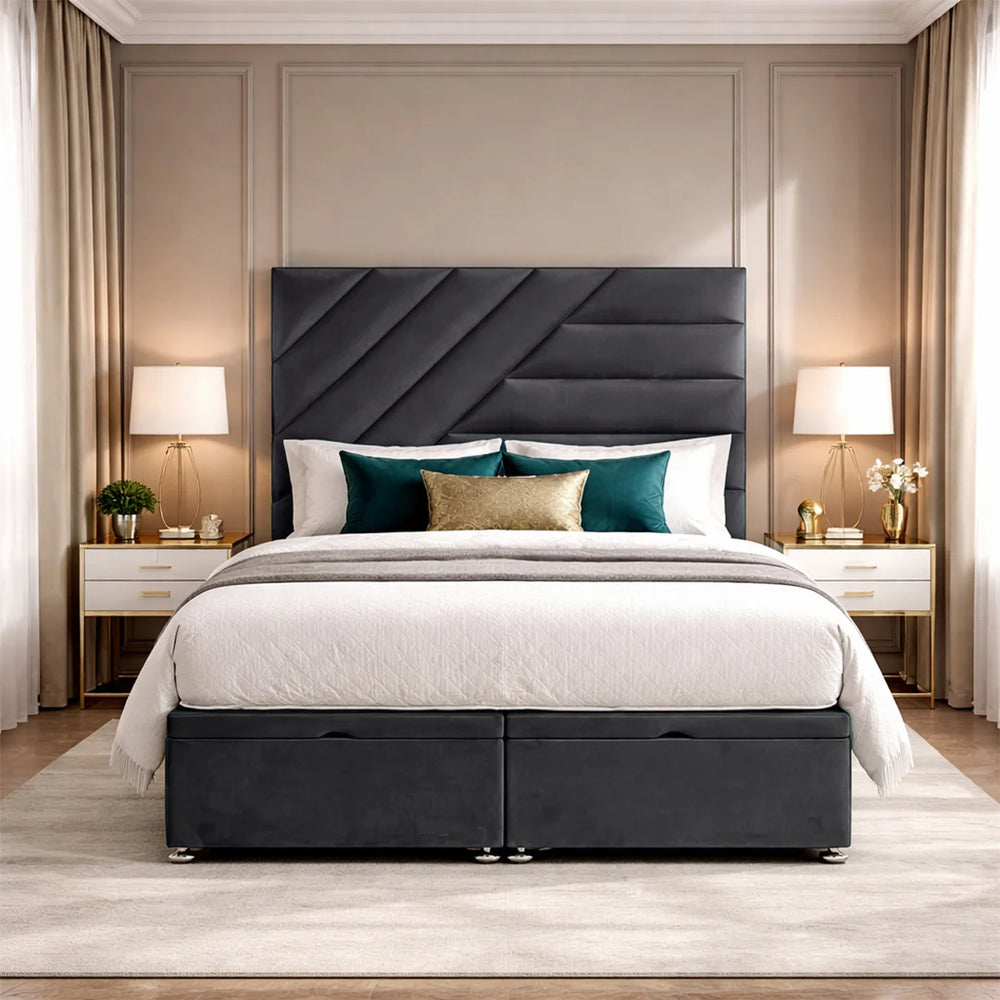 Phoenix luxury plush storage bed in charcoal grey with diagonal panel upholstered headboard and storage drawers