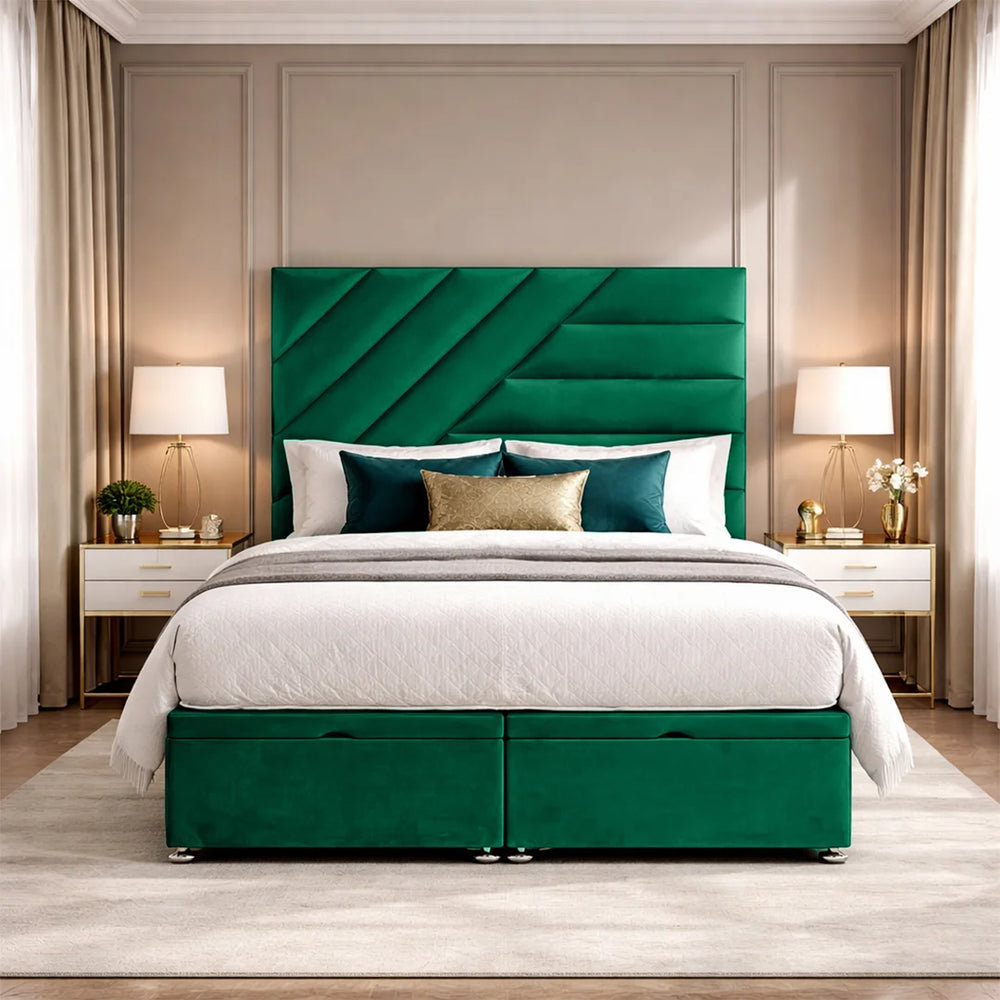 Phoenix luxury plush storage bed in emerald green with diagonal panel upholstered headboard and divan drawer base