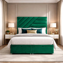 Phoenix luxury plush storage bed in emerald green with diagonal panel upholstered headboard and divan drawer base