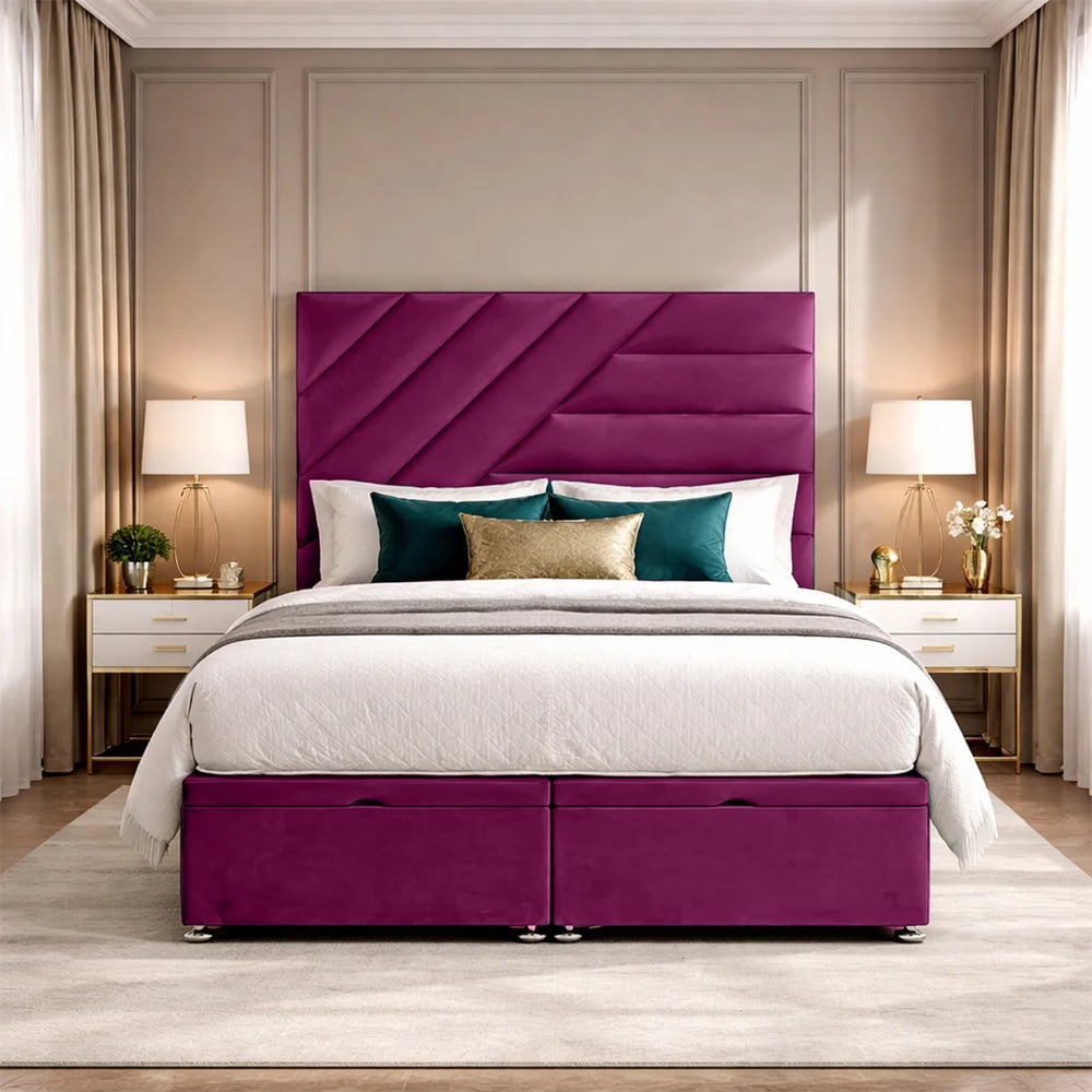 Phoenix luxury plush storage bed in magenta with diagonal panel upholstered headboard and drawer storage base