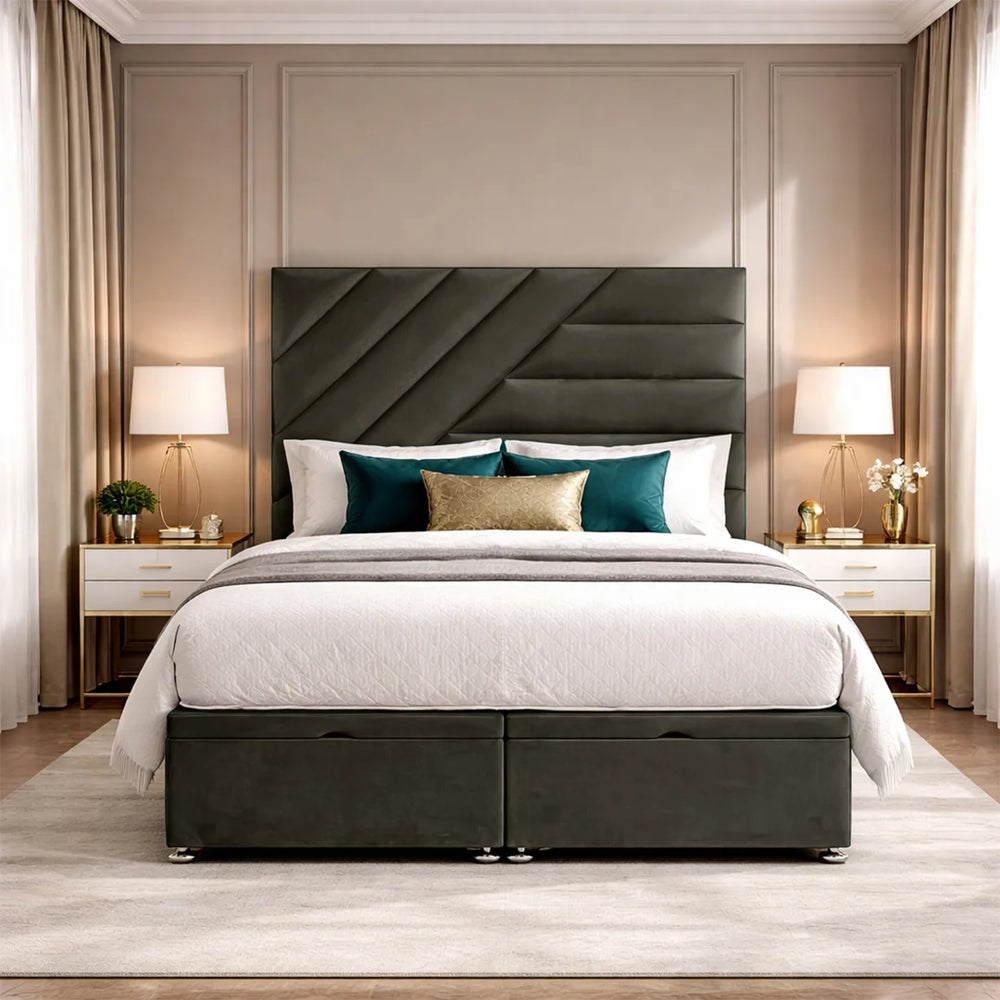 Phoenix luxury plush storage bed in olive green with diagonal panel headboard and upholstered drawer storage base