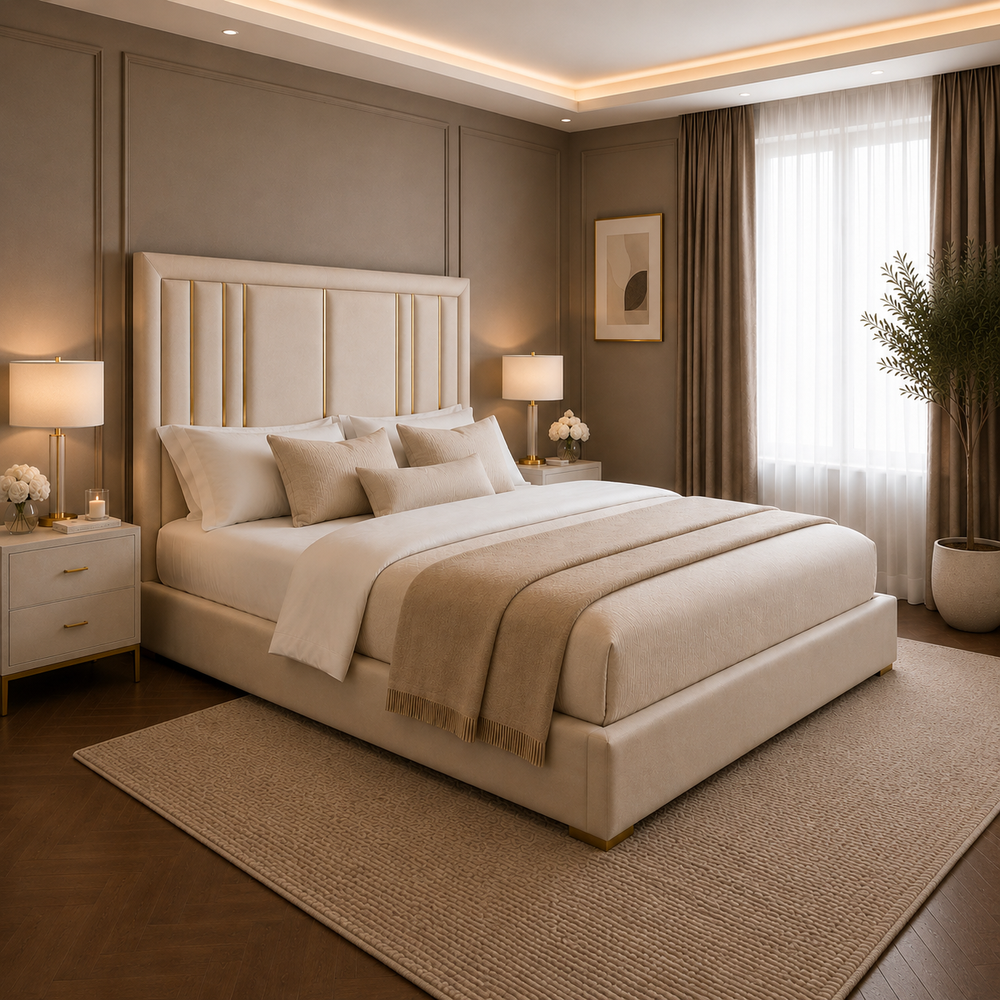 Isabelle Luxury Cream Velvet Headboard with Gold Strip - Macbabeds