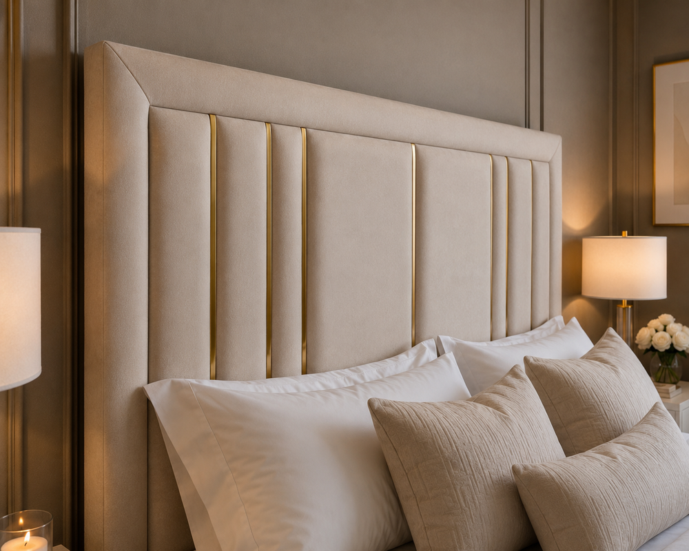 Isabelle Luxury Cream Velvet Headboard with Gold Strip - Macbabeds