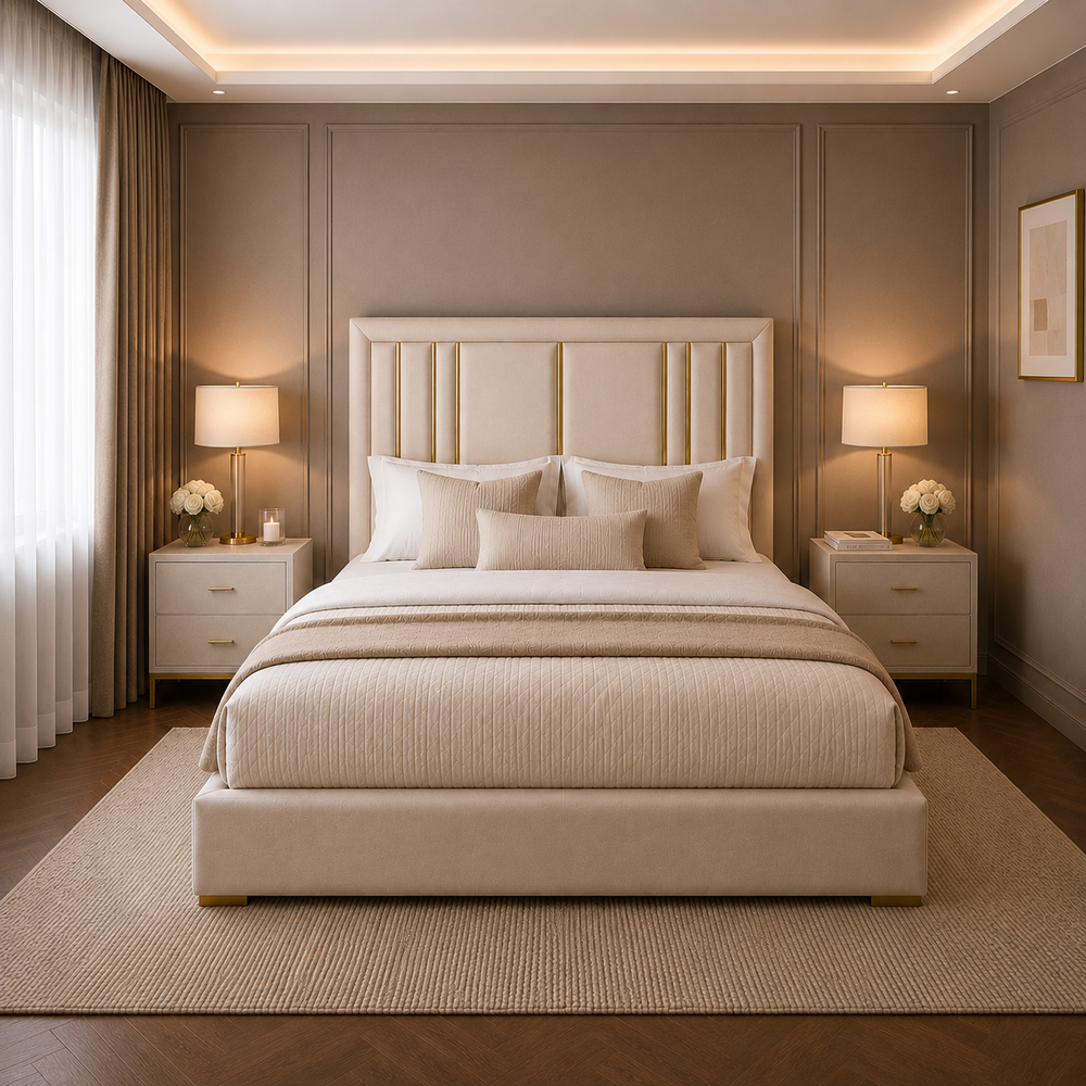 Isabelle Luxury Cream Velvet Headboard with Gold Strip - Macbabeds