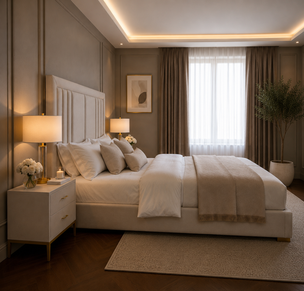 Isabelle Luxury Cream Velvet Headboard with Gold Strip - Macbabeds