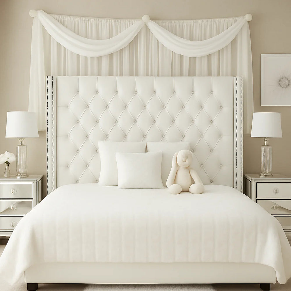 Serenity Royale Storage Bed dimensions in cm – Headboard height 137.16 cm, width options for Single to Super King, length, base height, and footboard height for the luxury upholstered gas lift bed with wingback headboard