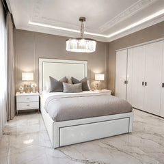 Shifman Prestige velvet bed in cream with framed panel headboard and elegant upholstered base