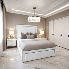 Shifman Prestige velvet bed in light grey with framed panel headboard and luxury upholstered base
