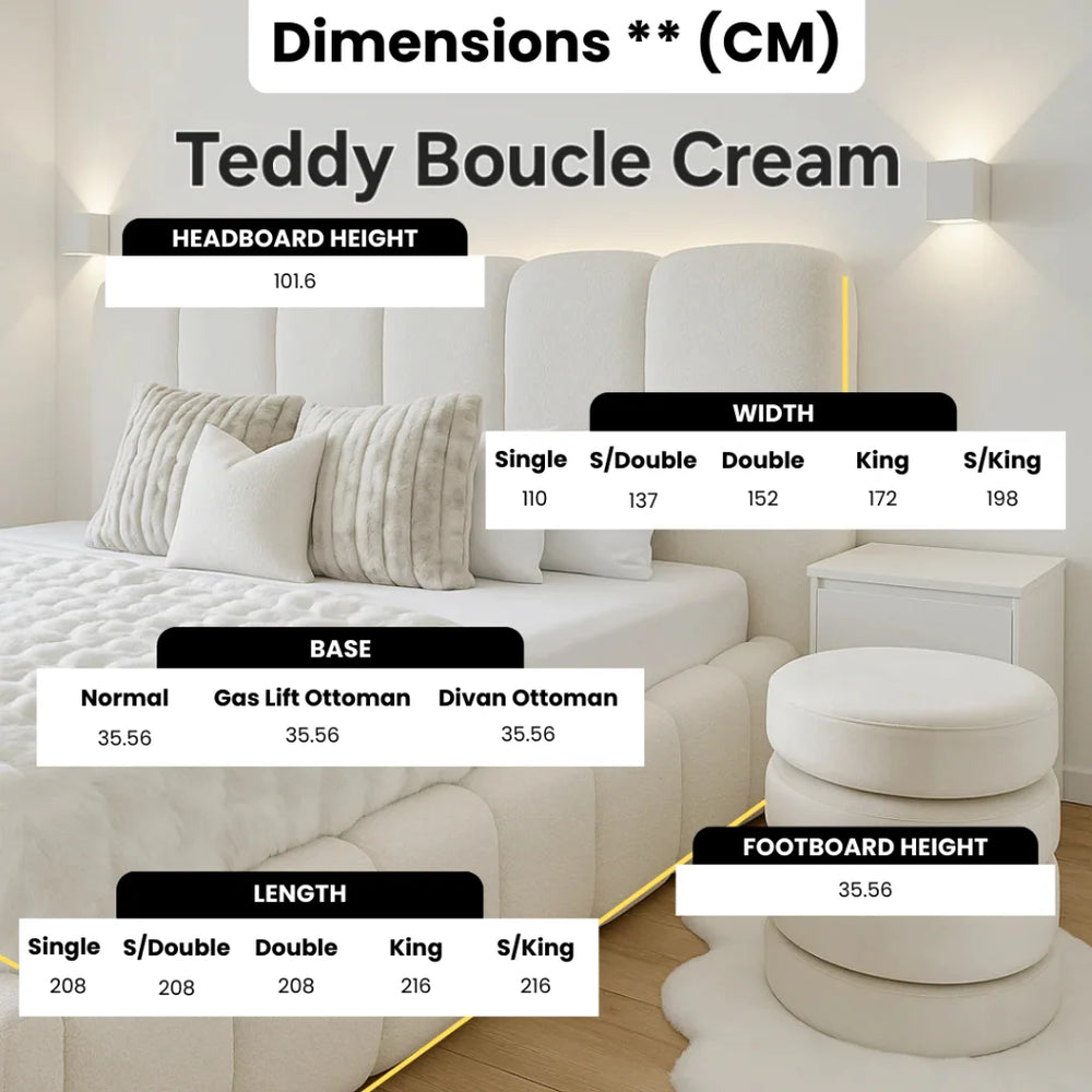 Teddy Boucle Cream upholstered bed with channel tufted headboard, white bedding, and fluffy bouclé throw in a bright modern bedroom setting