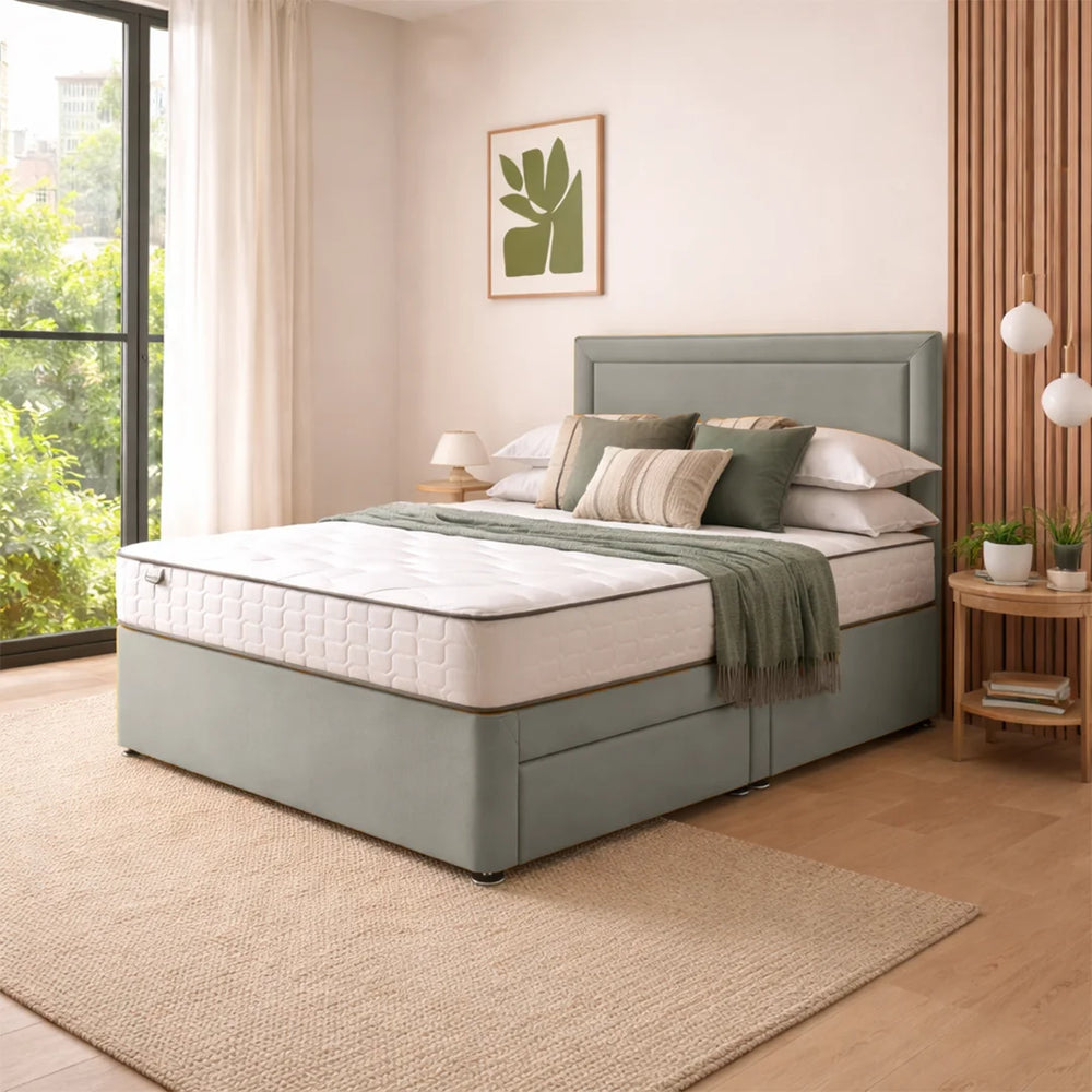 The Marlow mustard velvet storage bed in beige with upholstered headboard and luxury divan storage base