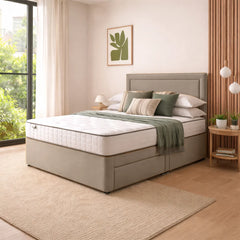 The Marlow mustard velvet storage bed in cream with upholstered panel headboard and modern storage base