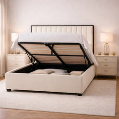 Victoria upholstered bed frame with stylish black border headboard in contemporary interior