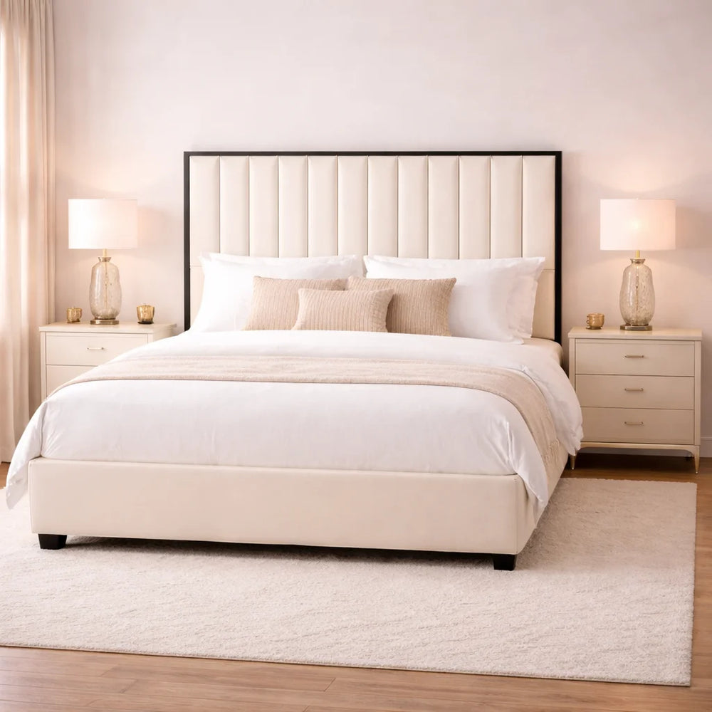 Victoria upholstered bed frame with black border headboard in modern bedroom design