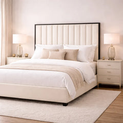 Close-up detail of Victoria panel bed frame with black border upholstered headboard
